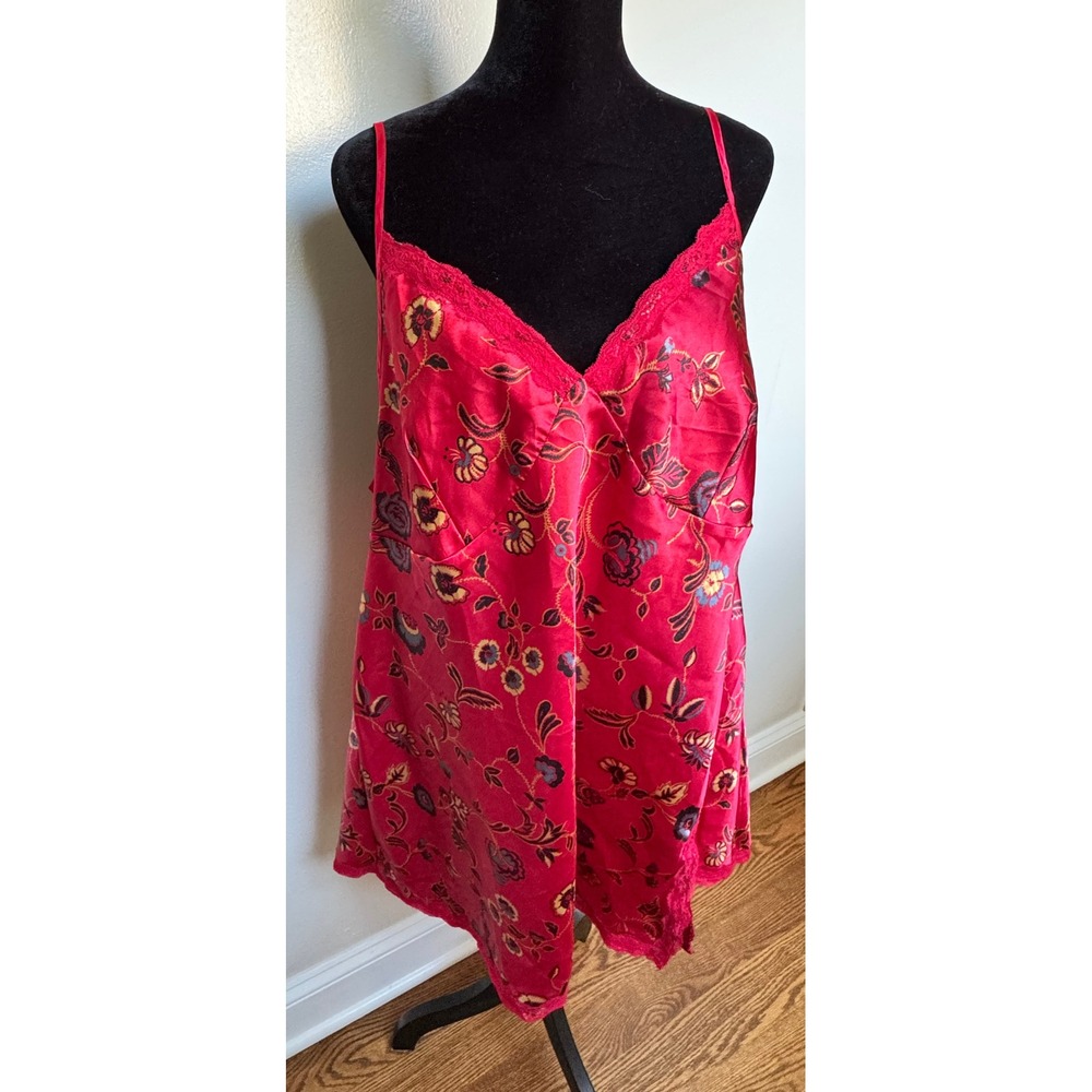 Red Floral Satin Lace Trim Chemise Nightgown Adjustable Straps Sleepwear Vintage